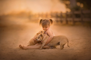 Little Girl With Cute Pups (1280x800) Resolution Wallpaper