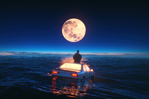 Man Ocean Ride On A Car (2048x2048) Resolution Wallpaper