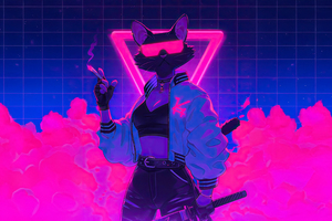 Synthwave Samurai Cat (2560x1600) Resolution Wallpaper