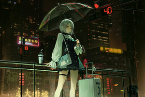 Umbrella Anime Girl In Cyber City (2560x1440) Resolution Wallpaper