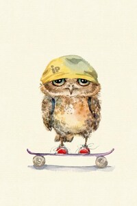 Owl On Skateboard (1125x2436) Resolution Wallpaper