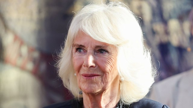 Queen Camilla in a navy dress