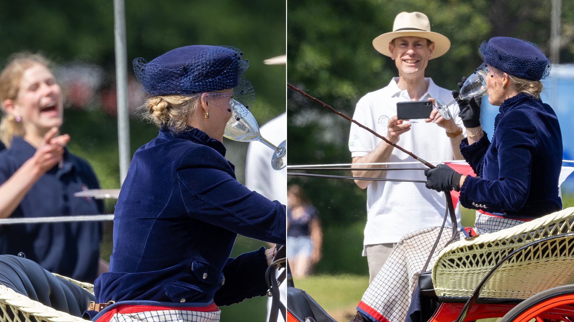 Lady Louise Windsor can't contain her giggles as Duchess Sophie plays carriage drinking game