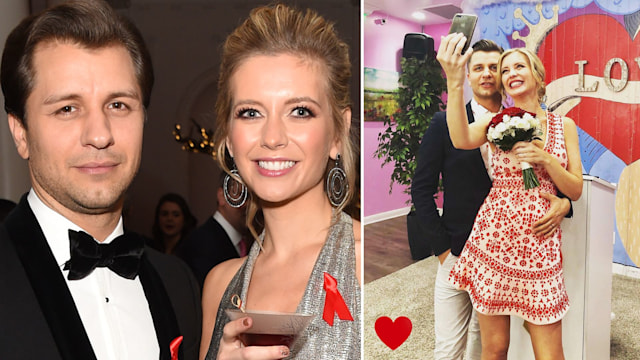 Rachel Riley and Pasha Kovalev smiling on the red carpet and taking a selfie on their wedding day