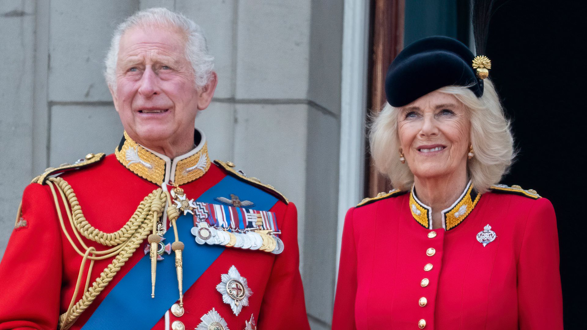 Charles and Camilla watching Trooping the Colour flypast