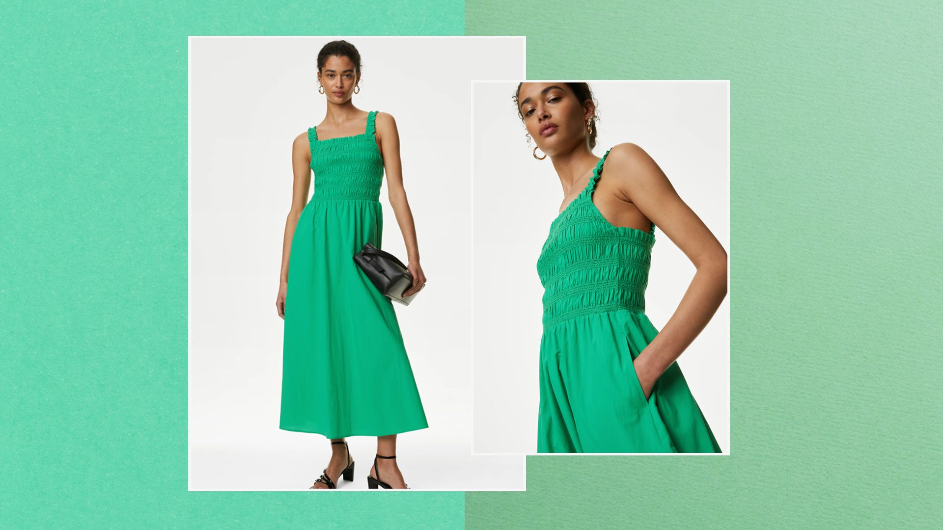 split image green dress two tone background