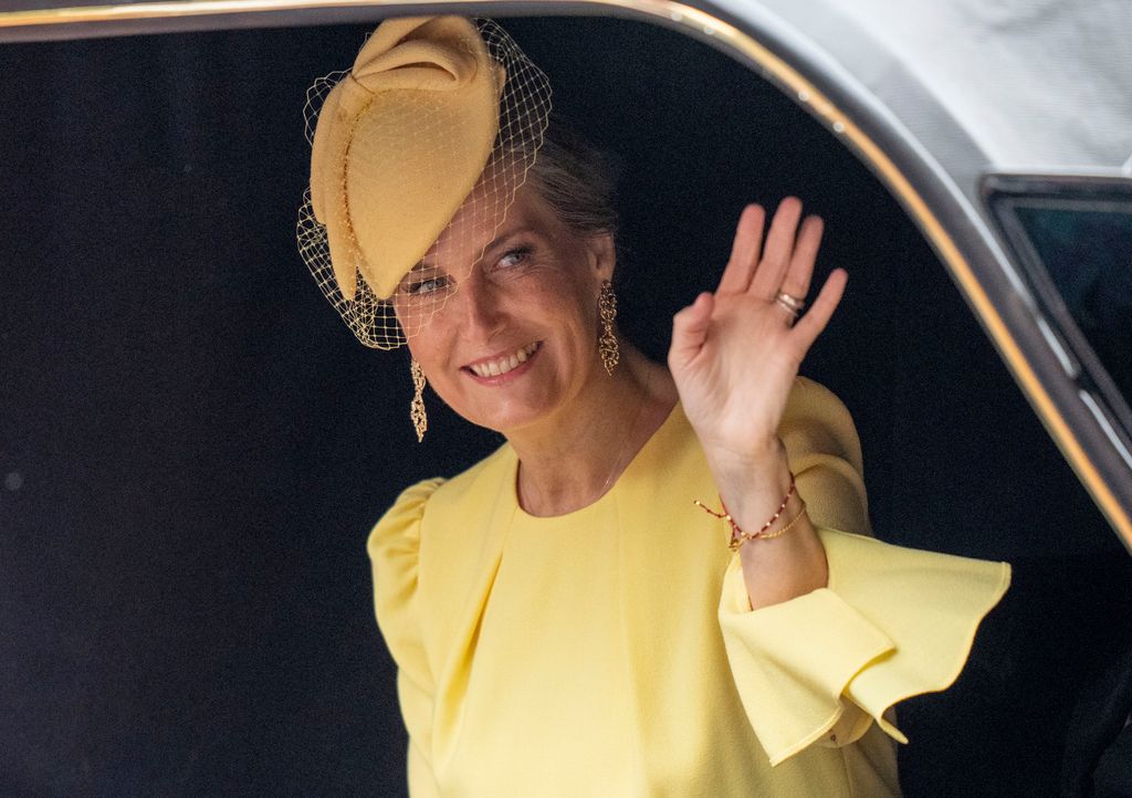 Sophie, Duchess of Edinburgh in yellow dress waving
