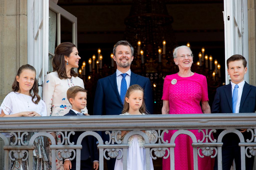 Crown Princess Mary of Denmark, Crown Prince Frederik of Denmark, Queen Margrethe of Denmark, Princess Isabella of Denmark, Prince Vincent of Denmark, Princess Josephine of Denmark and Prince Christian of Denmark when the Royal Life Guards carry out the changing of the guard on Amalienborg Palace