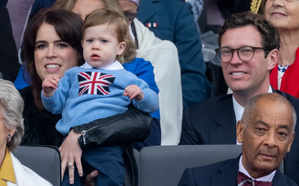 Princess Eugenie and Jack Brooksbank with August Philip Hawke Brooksbank attend the Platinum Pageant on The Mall on June 5, 2022 in London, England. The Platinum Jubilee of Elizabeth II is being celebrated from June 2 to June 5, 2022, in the UK and Commonwealth to mark the 70th anniversary of the accession of Queen Elizabeth II on 6 February 1952.