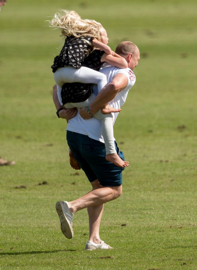 Mike Tindall with Savannah Phillips and Isla Phillips at The Maserati Royal Polo Trophy match during The Gloucestershire Festival of Polo at Beaufort Polo Club on June 11, 2017 in Tetbury, England