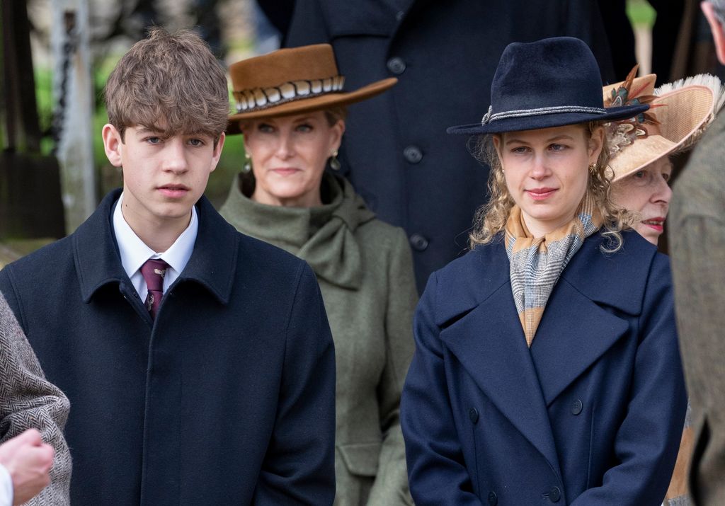 James, Earl of Wessex standing with Lady Louise Windsor; behind them are the Duchess of Edinburgh and Princess Anne