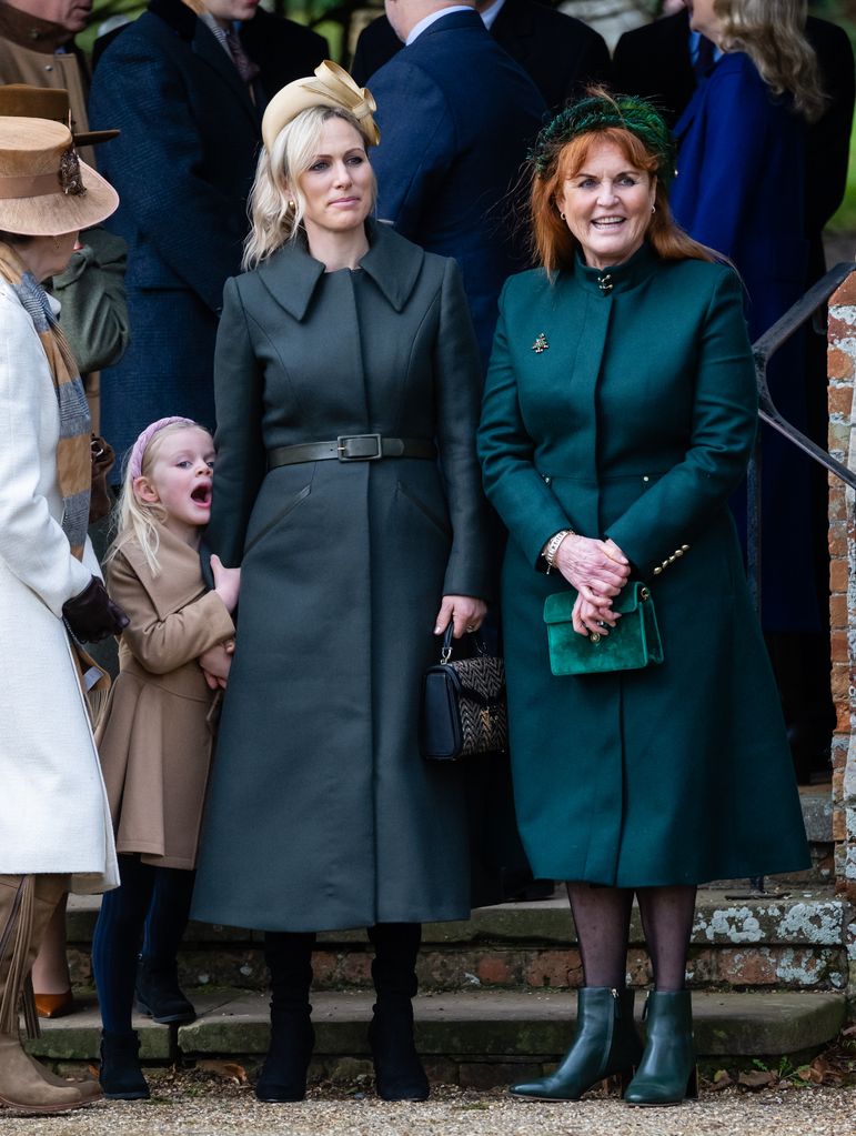 Sarah Ferguson standing outside church with Zara and Lena Tindall