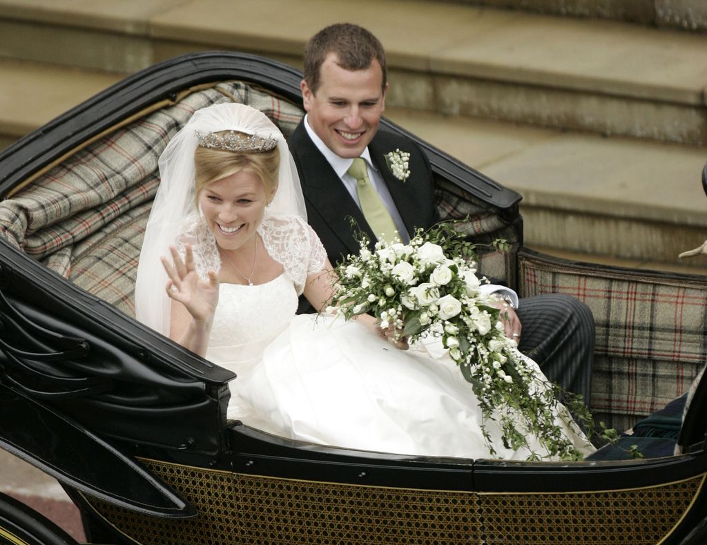 Peter Phillips and Autumn Phillips in a wedding carriage