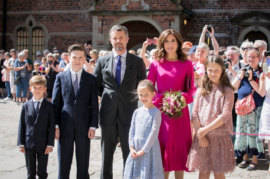 Crown Prince Frederik of Denmark,  Crown Princess Mary of Denmark with children Prince Christian, Princess Isabella and the royal twins Princess Josephine and Prince Vincent during the unveiling of a portrait 