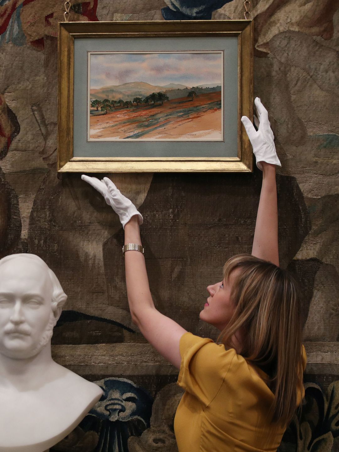 A woman adjusting two watercolour paintings by King Charles