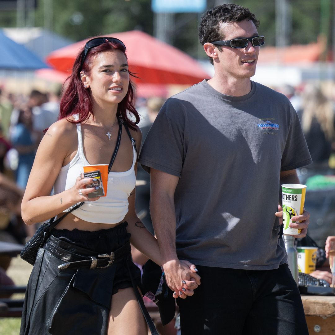 Dua Lipa dons 'double leather' at Glastonbury with boyfriend Callum Turner