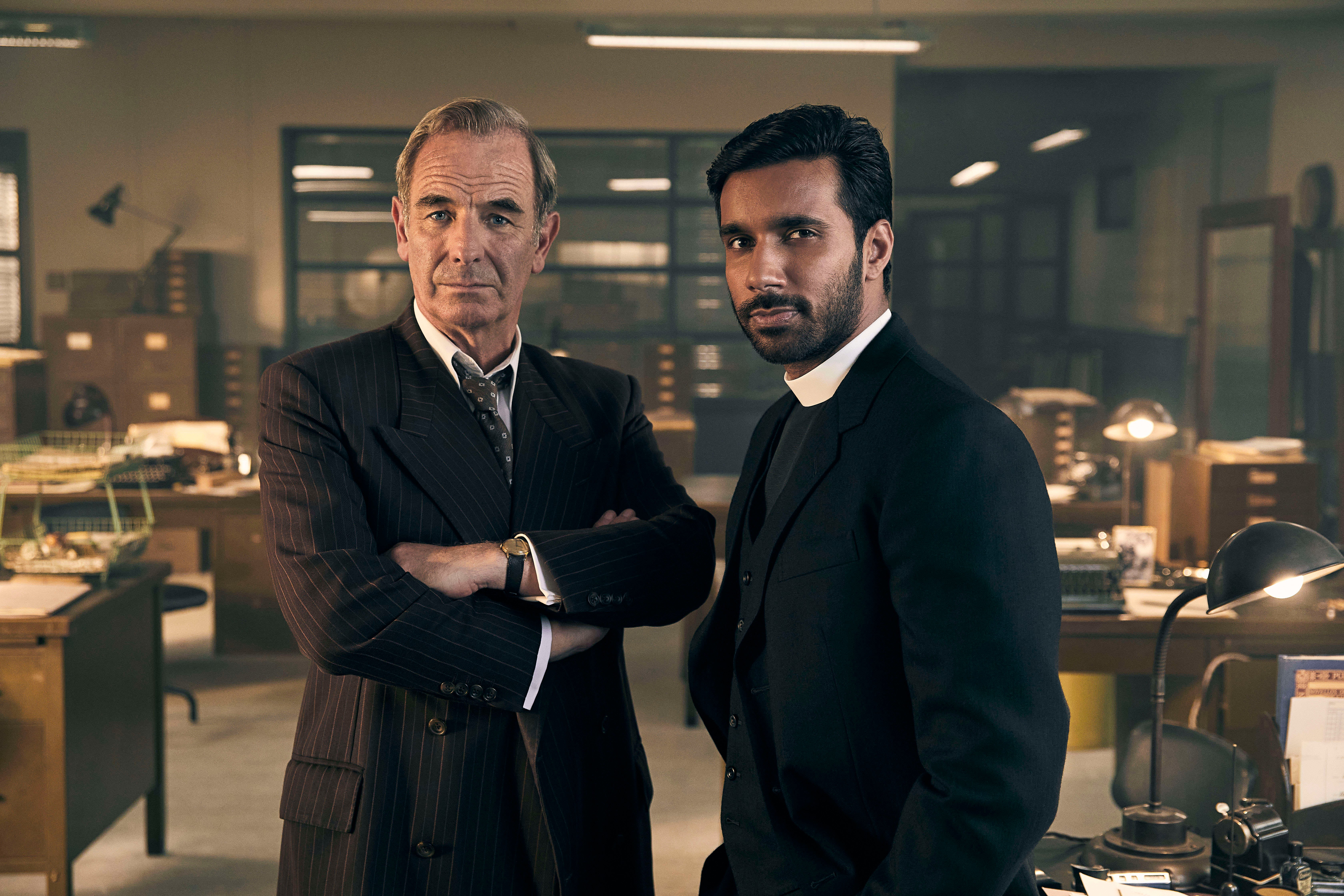 Robson Green as DI Geordie Keating and Rishi Nair as Reverend Alphy Kotteram in Grantchester