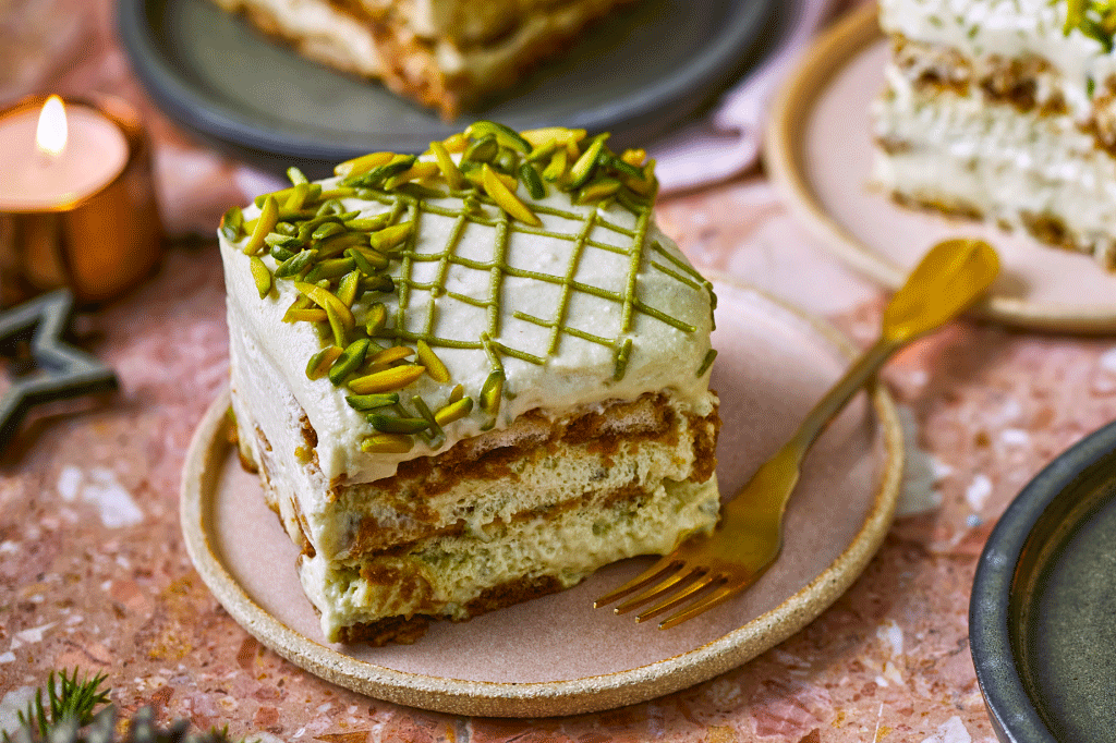 Piece of pistachio tiramisu on a plate with a fork