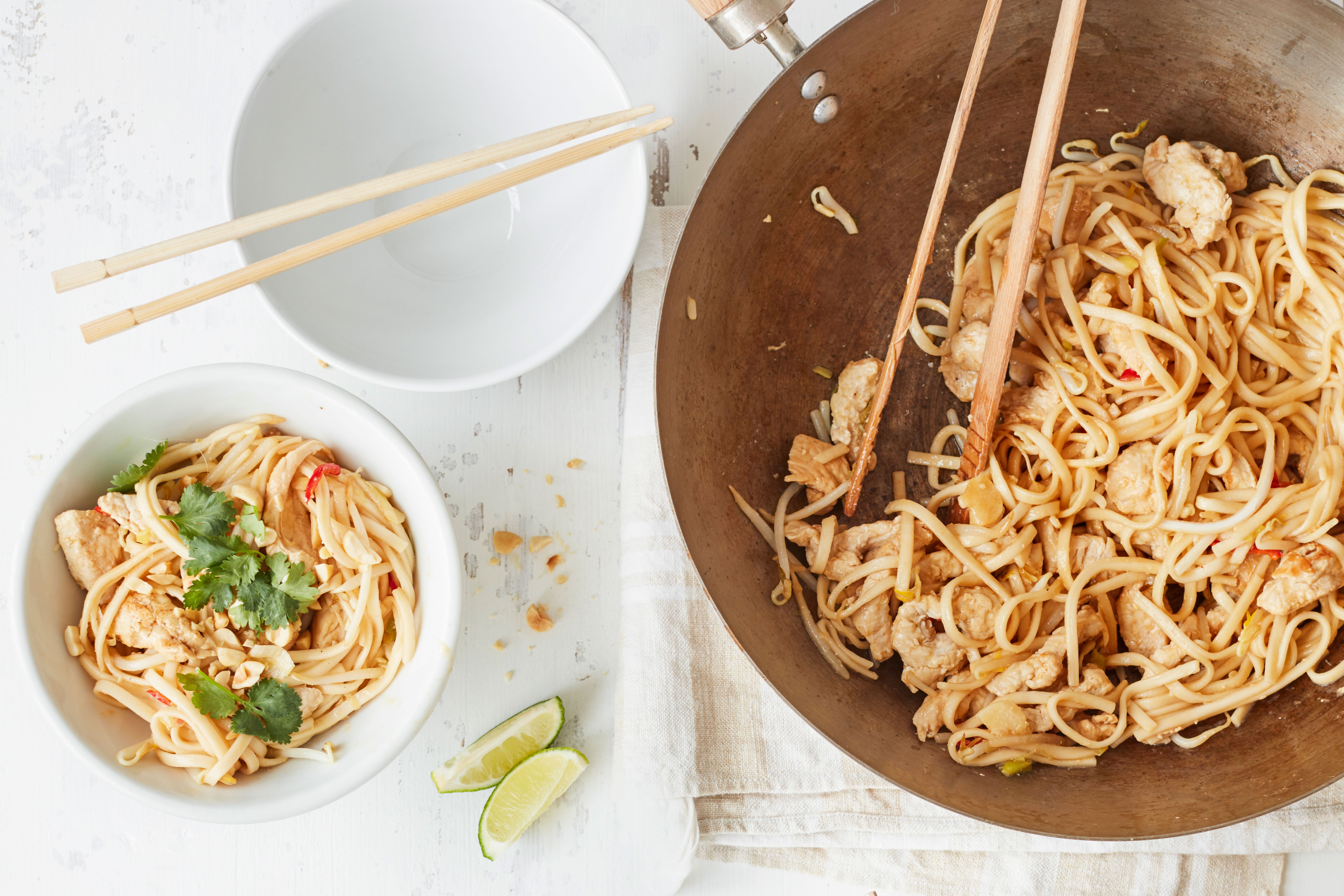 Turkey noodles in a large wok