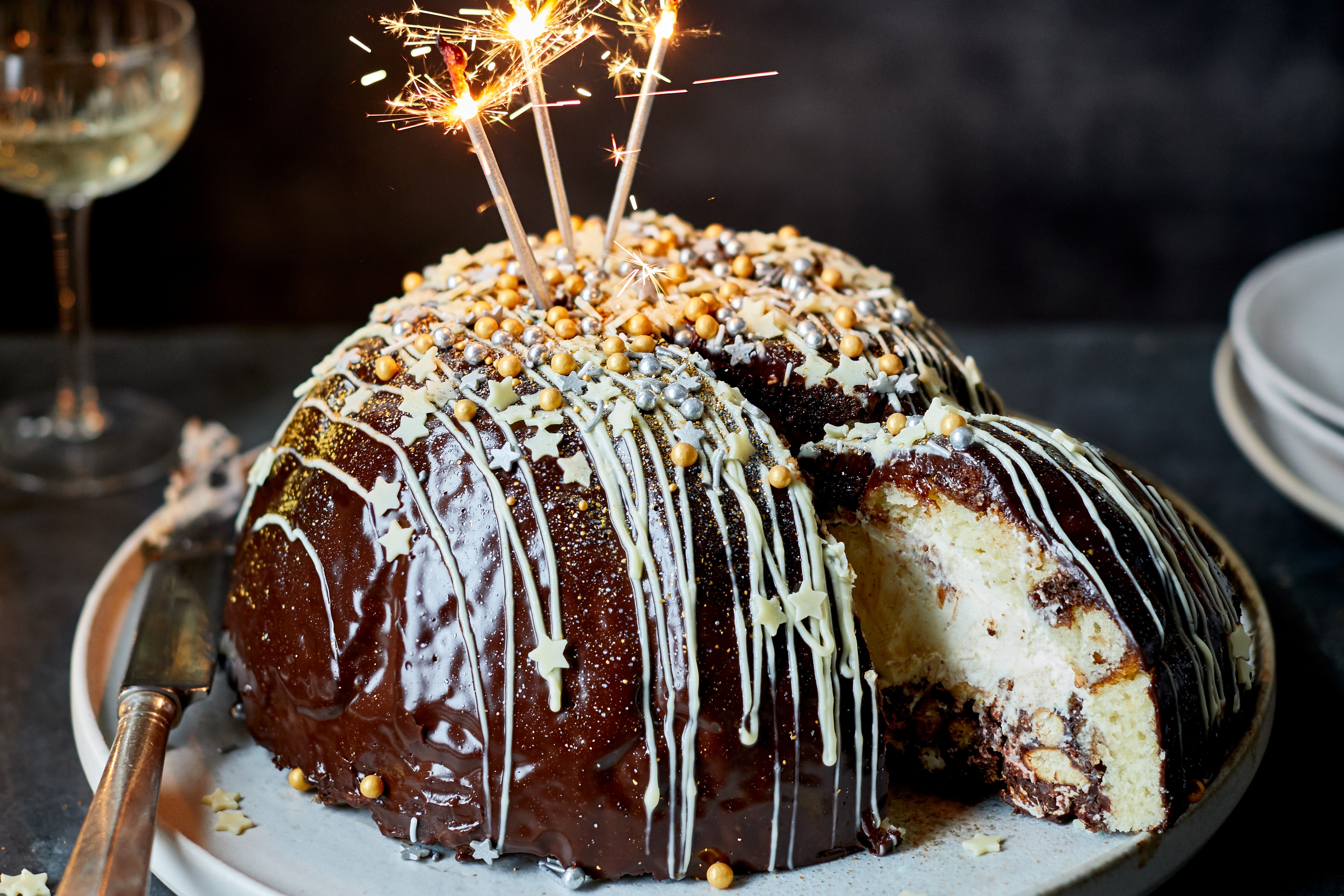 Rocky road cheesecake pudding decorated with sparklers