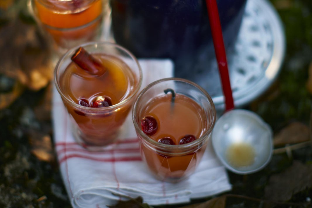 two glasses of mulled pear and cranberry punch