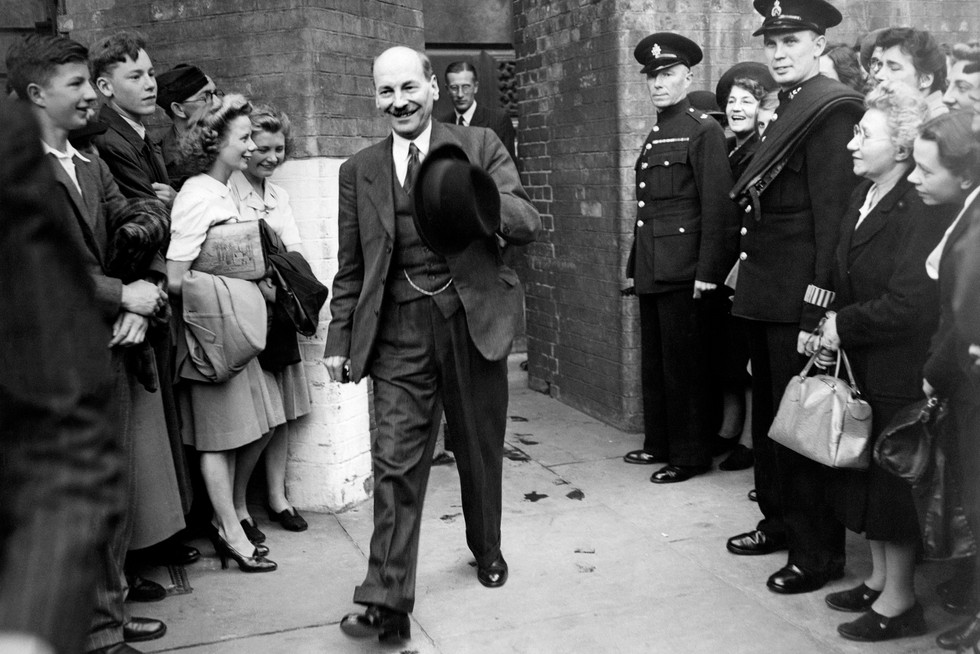 British leader of the Labour Party Clement Attlee leaves the Treasury, 27 May 1945. (Photo by AFP/Getty Images)