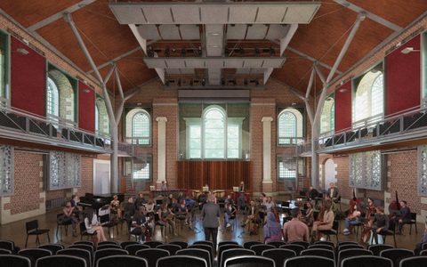 An illustrated view of an orchestra rehearsing in the concert hall at LSO St Luke's