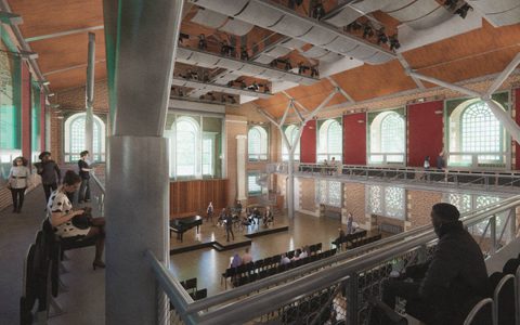 An illustrated view of the concert hall from the balcony at LSO St Luke's, with a chamber music performance on-stage and audience members watching