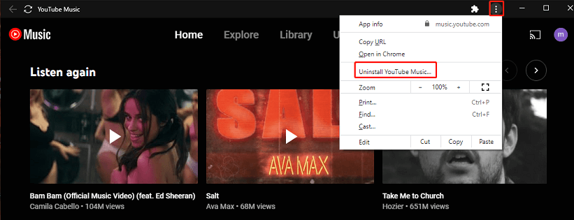 uninstall YouTube Music desktop app you get from Google Chrome