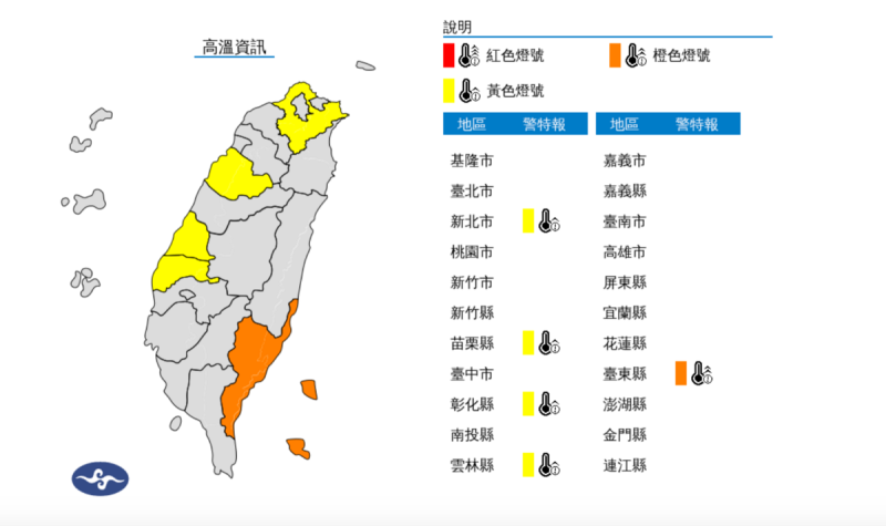 今日下午，中央氣象署再度發布高溫特報，5縣市亮起了高溫燈號，其中台東亮橘燈，氣象署表示，中午已飆破37.5度。   圖：翻攝自中央氣象署官網