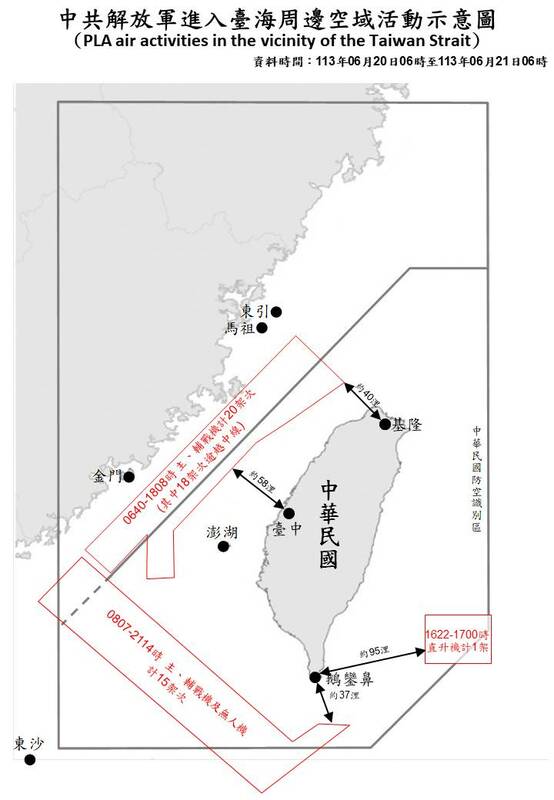  國防部公布中共解放軍進入臺海周邊空域活動示意圖。 圖：國防部／提供 