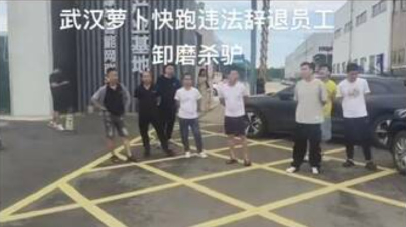 在武漢市區，遭到裁員的「蘿蔔快跑」司機站成一排，憤慨地吶喊被公司解雇無奈的心情   圖 : 翻攝自 X / 李老師不是你老師