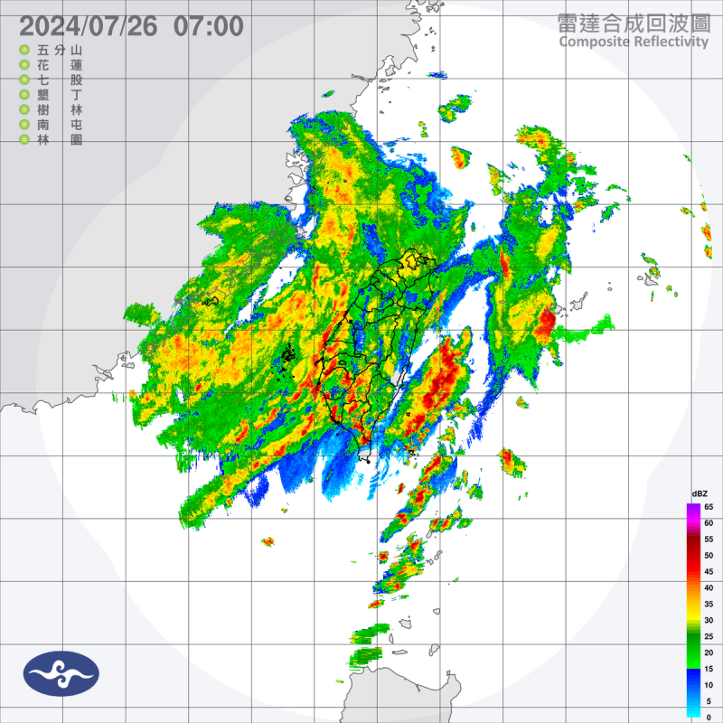 受到凱米颱風及其外圍環流影響，今天全台各地仍容易有短延時強降雨，包括台中、南投、彰化、雲林、嘉義、台南、高雄與屏東，都不能鬆懈。   圖：中央氣象署／提供