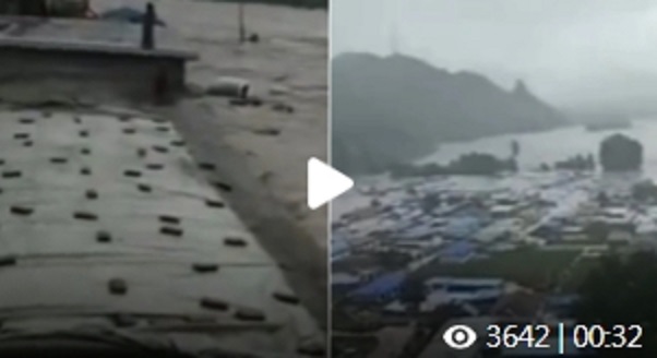 千年一遇的豪雨襲遼寧葫蘆島，許多地區內澇大淹水。   圖 : 影片截圖