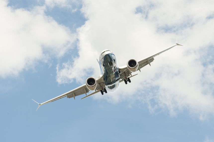 Farnborough, UK - July 16, 2018: Boeing 737 MAX on a steep angled landing descent to Farnborough Airport, UK