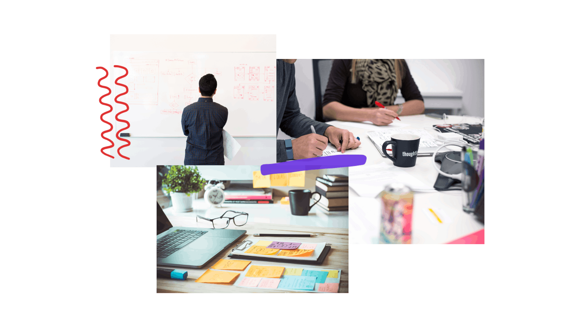 collage of 3: a person studying a white board full of notes, a meeting to work through ideas, and organized sticky notes beside a computer