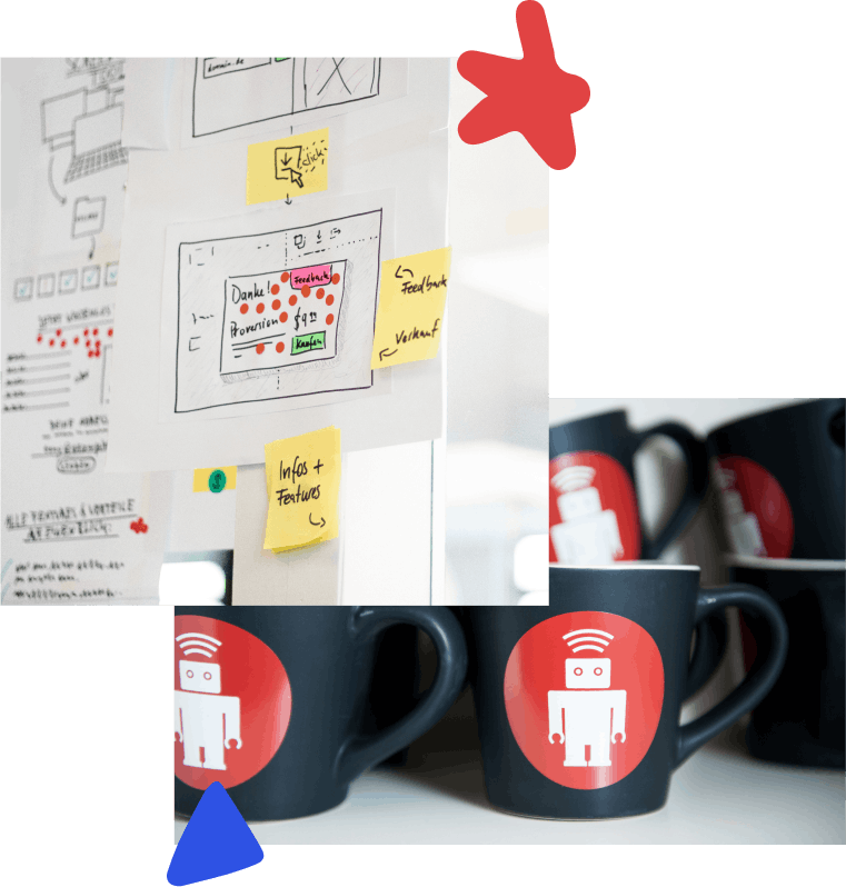 collage of 2 images: a whiteboard with prototype sketches and sticky notes, black coffee cups with the thoughtbot logo on them