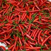 Une boîte remplie de petits piments forts de couleur rouge.