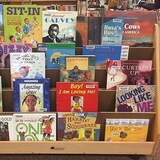 Books on a presenting shelf.