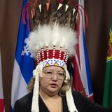 National Chief of the Assembly of First Nations Cindy Woodhouse Nepinak during a news conference in Ottawa. She says Air Canada staff forced her to hand over a case containing her headdress before the departure of a flight Wednesday. 