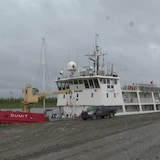 A docked boat. 