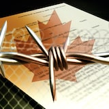 Montage of a court document, a Canadian flag and barb wire.