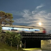 Un train de la ligne Trillium traverse le campus de l'Université Carleton lors d'un essai en septembre 2024.