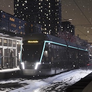 Esquisse d'un véhicule du tramway de Québec, en hiver, la nuit.