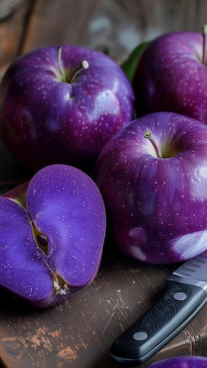 Une pomme mauve tranchée en deux sur une table.