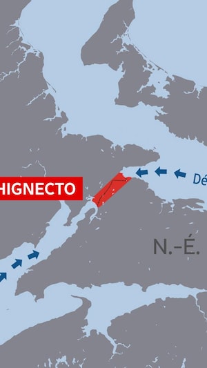 Une carte montre les provinces de la Nouvelle-Écosse, du Nouveau-Brunswick, l'isthme de Chignecto ainsi que la Baie de Fundy à gauche et le détroit de Northumberland à droite de l'isthme. 