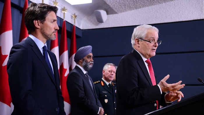 Trudeau, with then-Minister of Transport Marc Garneau, far right, Harjit Sajjan and Jonathan Vance, in Ottawa in January 2020. In his upcoming autobiography, Garneau criticizes Trudeau as an ill-prepared leader who prioritizes politics and makes big pronouncements without any follow-through. 