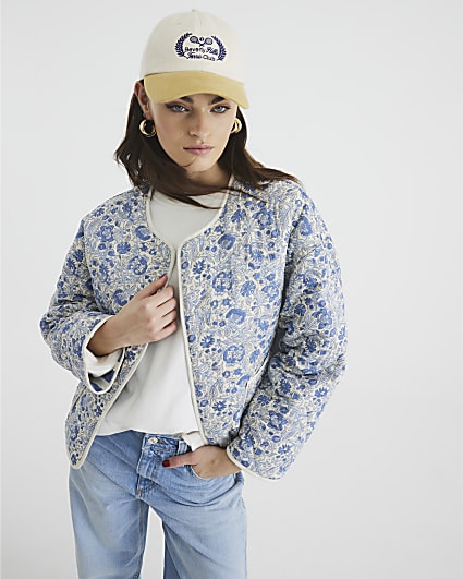 Blue Floral Stripe Reversible Quilted Jacket