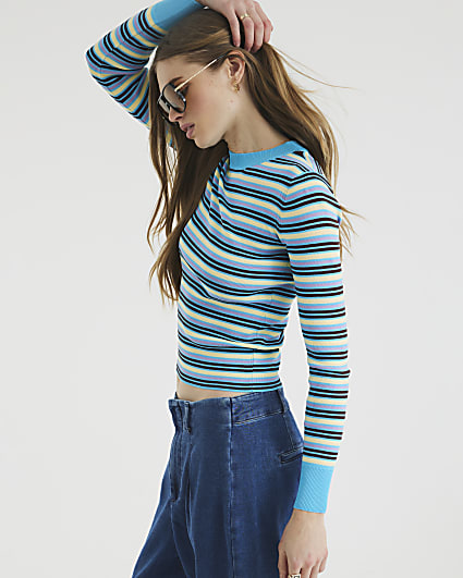 Blue Long Sleeve Stripe Fitted Knit Top