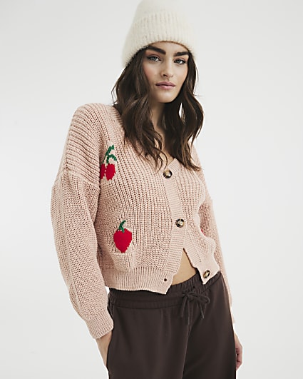 Pink Long Sleeve Strawberry Knit Cardigan